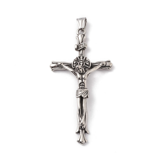 MP0070 - 1 pc. 304 Stainless Steel Antique Silver Crucifix Cross Charm Pendant - 84mm x 43mm (3.3" x 1.7") - Hole Size: 8mm x 4mm - INRI