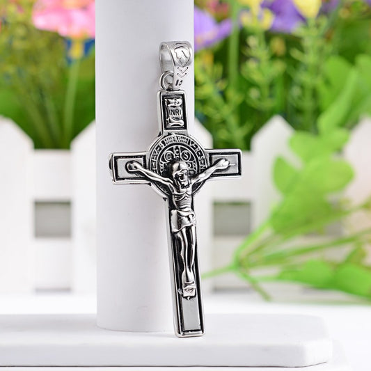 MP0071 - 1 pc. 304 Stainless Steel Antique Silver Crucifix Cross Charm Pendant - 70mm x 39mm (2.8" x 1.5") - Hole Size: 11mm x 8mm - INRI