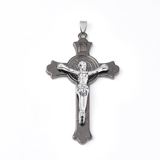MP0072 - 1 pc. Alloy Gunmetal and Silver Tone Crucifix Cross Charm Pendant - 75mm x 45mm (2.95" x 1.8") - Hole Size: 9mm x 3mm - INRI