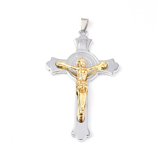 MP0073 - 1 pc. Alloy Gold and Silver Tone Crucifix Cross Charm Pendant - 75mm x 45mm (2.95" x 1.8") - Hole Size: 9mm x 3mm - INRI