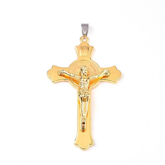 MP0074 - 1 pc. Alloy Gold Crucifix Cross Charm Pendant - 75mm x 45mm (2.95" x 1.8") - Hole Size: 9mm x 3mm - INRI  - Silver Tone Bail