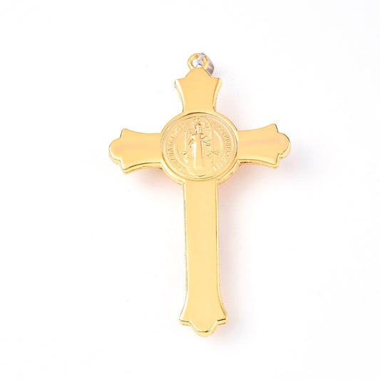 MP0074 - 1 pc. Alloy Gold Crucifix Cross Charm Pendant - 75mm x 45mm (2.95" x 1.8") - Hole Size: 9mm x 3mm - INRI  - Silver Tone Bail