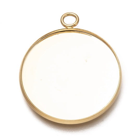 MP0075 - 5 pcs. 304 Stainless Steel Circle Round Bezel Pendant Tags Trays - 25mm Glue Pad Setting - Single Loop - 18k Gold Plated - Tarnish Resistant