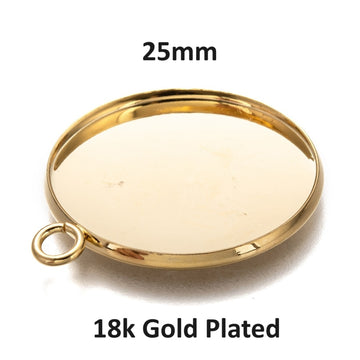 MP0075 - 5 pcs. 304 Stainless Steel Circle Round Bezel Pendant Tags Trays - 25mm Glue Pad Setting - Single Loop - 18k Gold Plated - Tarnish Resistant