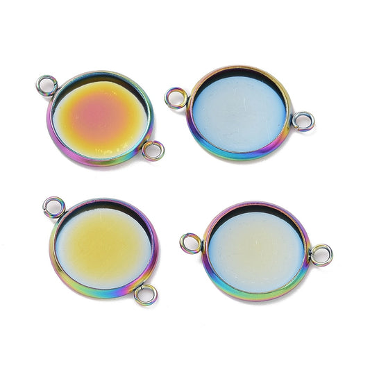 MP0076 - 10 pcs. 304 Stainless Steel Rainbow Circle Round Bezel Cabochon Cameo Connector Tags Trays - 12mm Glue Pad - Hypoallergenic!