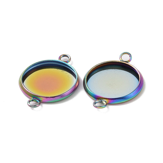MP0076 - 10 pcs. 304 Stainless Steel Rainbow Circle Round Bezel Cabochon Cameo Connector Tags Trays - 12mm Glue Pad - Hypoallergenic!