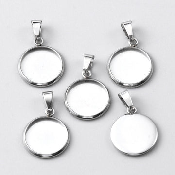 MP0077 - 10 pcs. 304 Stainless Steel Silver Tone Pendant Trays Circle Settings Bezels Cabochons - 12mm Glue Pad Setting - With Bail