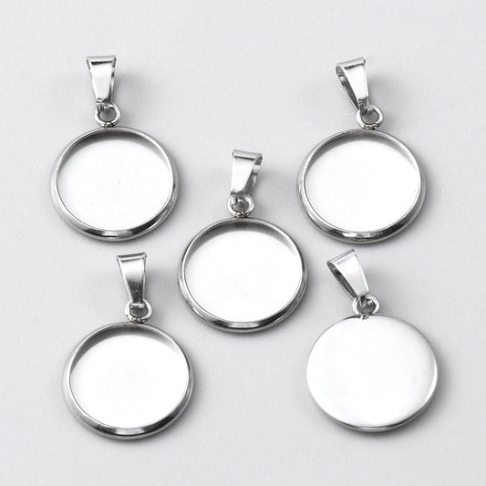 MP0077 - 10 pcs. 304 Stainless Steel Silver Tone Pendant Trays Circle Settings Bezels Cabochons - 12mm Glue Pad Setting - With Bail