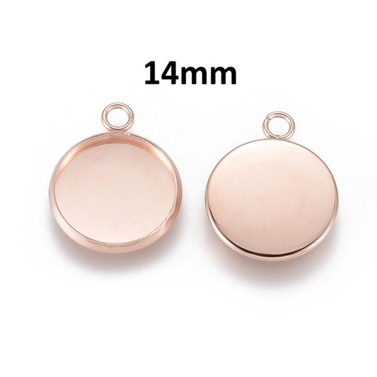 MP0078 - 10 pcs. 304 Stainless Steel Pendant Circle Posts Settings Bezels Cabochons - Rose Gold - 14mm Glue Pad Setting - Tarnish Resistant!