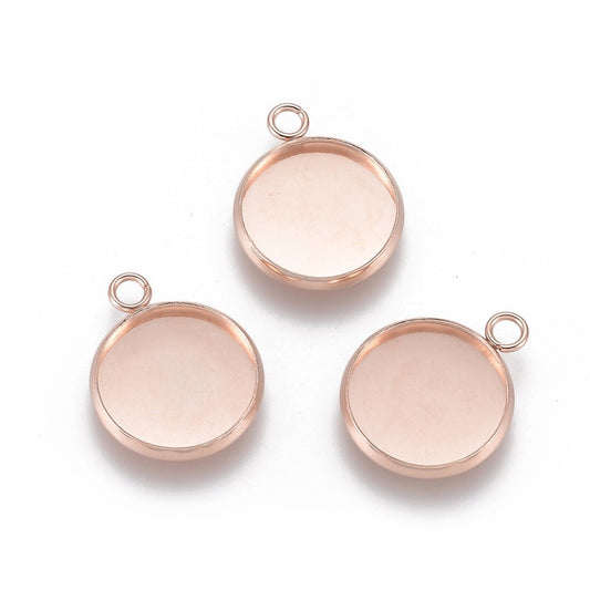 MP0078 - 10 pcs. 304 Stainless Steel Pendant Circle Posts Settings Bezels Cabochons - Rose Gold - 14mm Glue Pad Setting - Tarnish Resistant!
