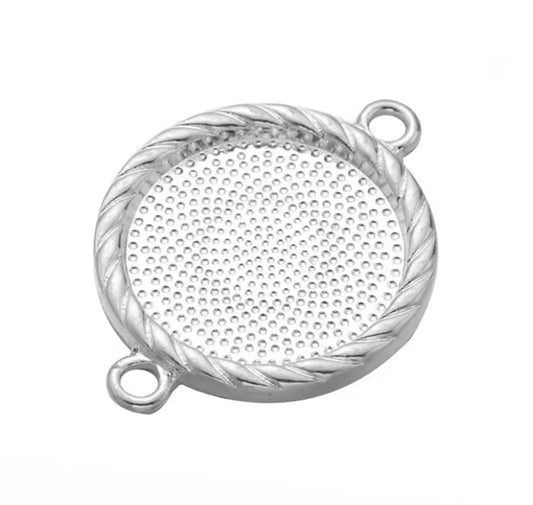 MP0080 - 10 pcs. Silver Plated Circle Round Bezel Cabochon Cameo Connector Tags Trays - 18mm Glue Pad - Textured
