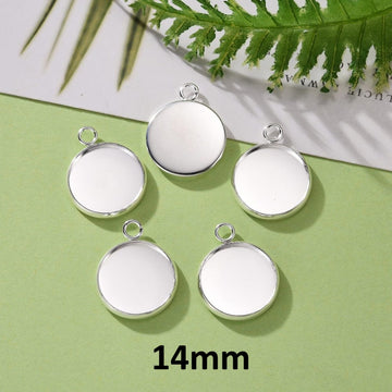 MP0082 - 10 pcs. 304 Stainless Steel Pendant Circle Posts Settings Bezels Cabochons - Shiny Silver Plated- 14mm Glue Pad Setting - Tarnish Resistant!