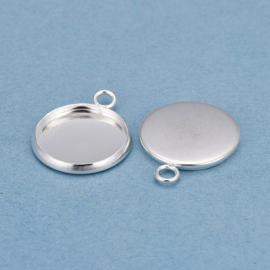 MP0082 - 10 pcs. 304 Stainless Steel Pendant Circle Posts Settings Bezels Cabochons - Shiny Silver Plated- 14mm Glue Pad Setting - Tarnish Resistant!