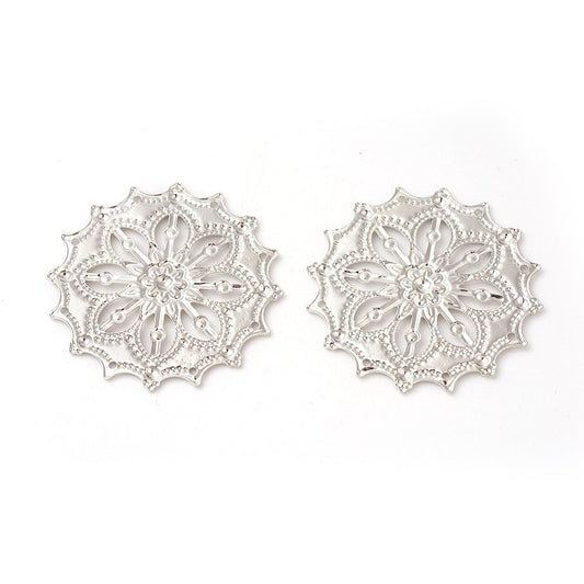 MP0084 - 10 pcs. Silver Tone Filigree Circle Metal Pendants Dangle Charms - Flower - 35mm (1.4") - Great for Earrings!