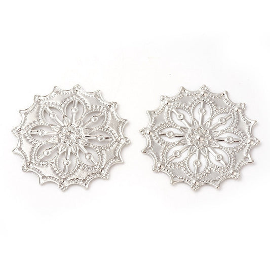 MP0084 - 10 pcs. Silver Tone Filigree Circle Metal Pendants Dangle Charms - Flower - 35mm (1.4") - Great for Earrings!
