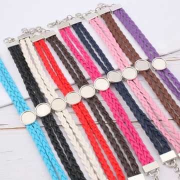 B005 - 10 pcs Assortment of Faux Leather Bracelets with 12mm Glue Pad Bezel Trays & Extender Chain - Adjustable from 7" to 9" - Double Braided Cord