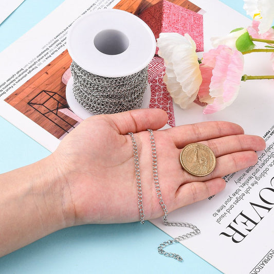 N153 - 25M (82ft) - 304 Stainless Steel Silver Tone Soldered Curb Chain - 4mm x 3mm x 0.6mm Links - Hypoallergenic! Tarnish Resistant