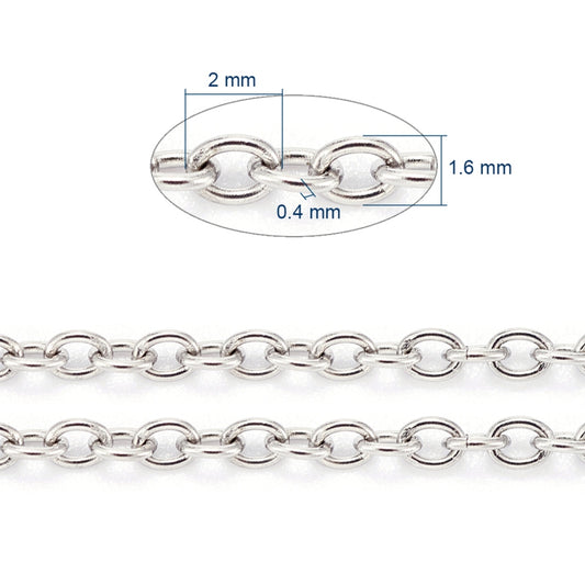 N202 - 10M (32.8ft) - 304 Stainless Steel Silver Tone Cable Soldered Chain - 2mm x 1.6mm Links - 0.4mm (26 Gauge) - Hypoallergenic! Tarnish Resistant!