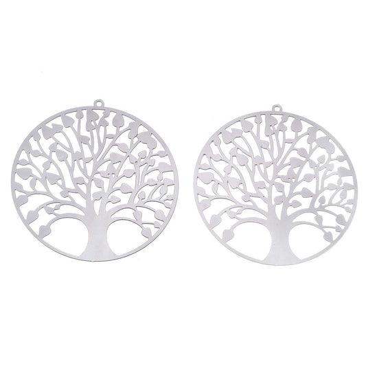 P1014 - 10 pcs. 201 Stainless Steel Silver Tone Circle Metal Pendants Dangle Charms  - Tree of Life - 47mm x 45mm (1.85" x 1.77")
