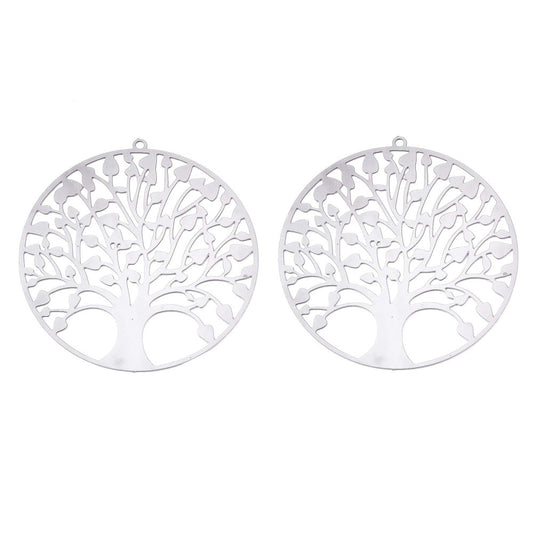 P1014 - 10 pcs. 201 Stainless Steel Silver Tone Circle Metal Pendants Dangle Charms  - Tree of Life - 47mm x 45mm (1.85" x 1.77")