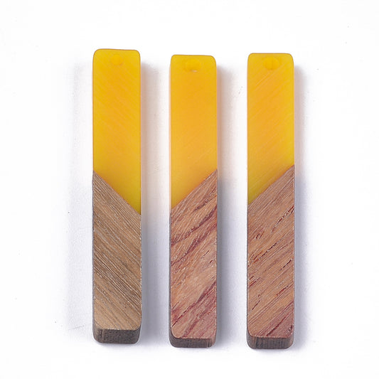 P319 - 4 pcs. Yellow Mustard Resin and Wood Rectangle Flat Pendant - 52mm x 8mm - (2.05" x 0.32")