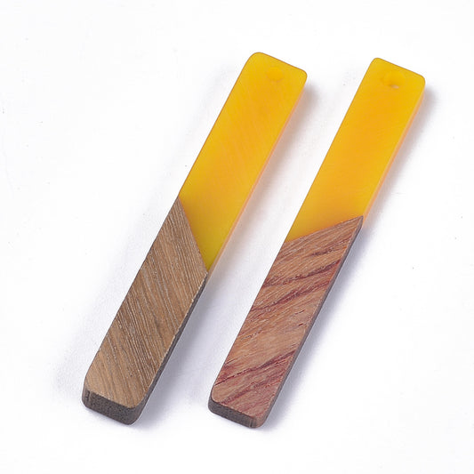 P319 - 4 pcs. Yellow Mustard Resin and Wood Rectangle Flat Pendant - 52mm x 8mm - (2.05" x 0.32")