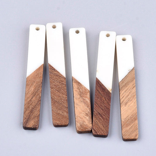 P484 - 4 pcs. White Resin and Wood Rectangle Flat Pendant - 52mm x 8mm - (2.05" x 0.32")
