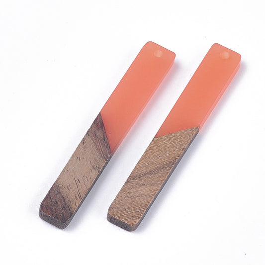 P660 - 4 pcs. Orange Resin and Wood Rectangle Flat Pendant - 52mm x 8mm - (2.05" x 0.32")