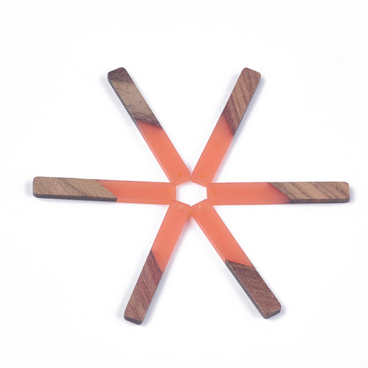 P660 - 4 pcs. Orange Resin and Wood Rectangle Flat Pendant - 52mm x 8mm - (2.05" x 0.32")