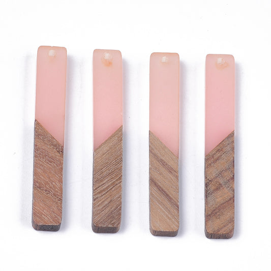 P665 - 4 pcs. Coral Resin and Wood Rectangle Flat Pendant - 52mm x 8mm - (2.05" x 0.32")