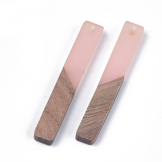 P665 - 4 pcs. Coral Resin and Wood Rectangle Flat Pendant - 52mm x 8mm - (2.05" x 0.32")