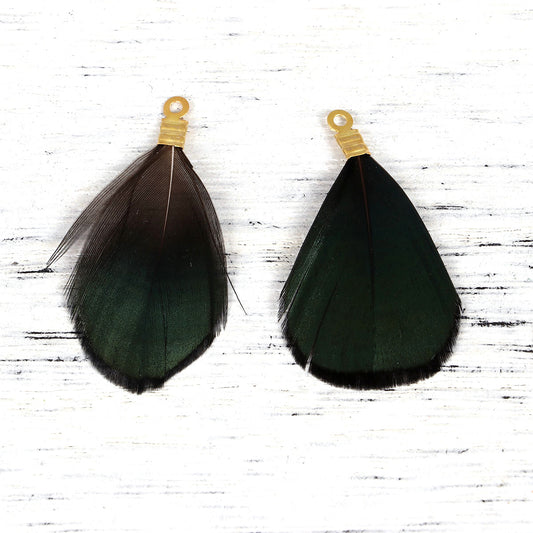 P680 - 10 pcs Black and Green Dangle Charms Pendants - Feather - Gold Plated Crimps - 32mm (1.26")