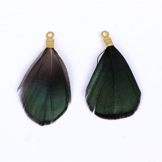 P680 - 10 pcs Black and Green Dangle Charms Pendants - Feather - Gold Plated Crimps - 32mm (1.26")