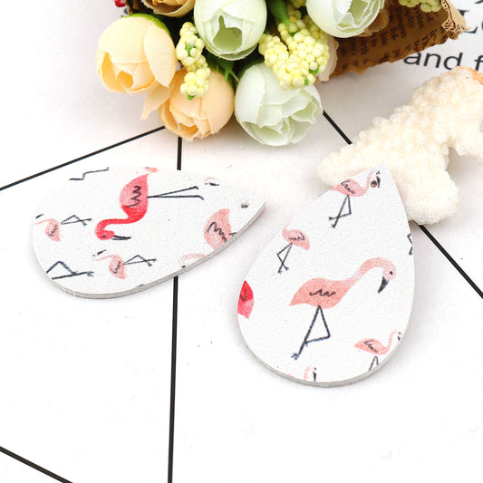 P698 - 10 pcs. Pink and White Flamingo Faux Leather Dangle Pendants - Teardrop - 56mm (2.2") - Double-Sided