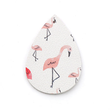 P698 - 10 pcs. Pink and White Flamingo Faux Leather Dangle Pendants - Teardrop - 56mm (2.2") - Double-Sided