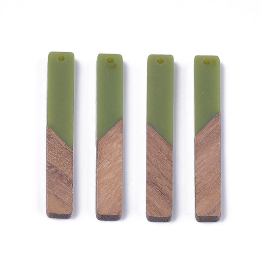 P758 - 4 pcs. Green Resin and Wood Rectangle Flat Pendant - 52mm x 8mm - (2.05" x 0.32")