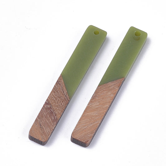 P758 - 4 pcs. Green Resin and Wood Rectangle Flat Pendant - 52mm x 8mm - (2.05" x 0.32")