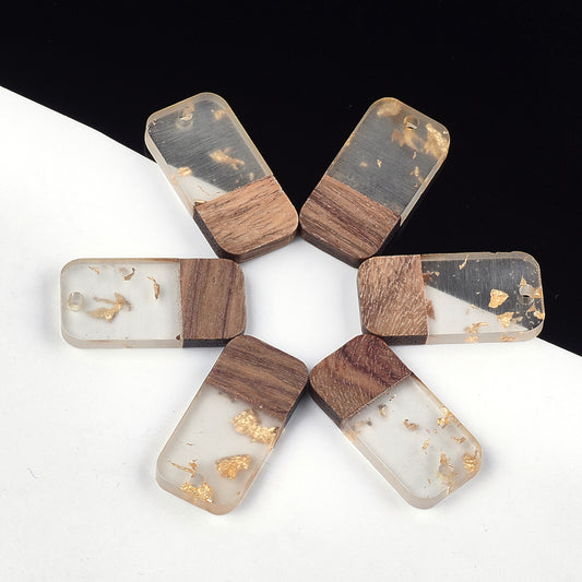 P784 - 4 pcs. Clear and Gold Foil Resin and Wood Rectangle Flat Pendant - 27mm x 13mm - (1.06" x 0.51")