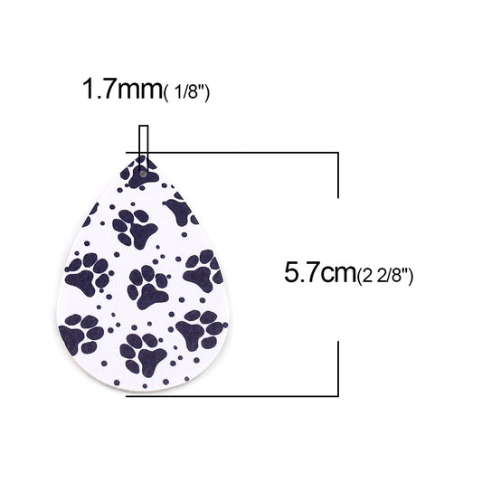 P935 - 10 pcs. Paw Faux Leather Dangle Charms Pendants - Teardrop - Puzzle - 57mm (2.25") - Great for Light Earrings or Dangles! Double-Sided