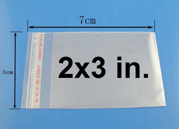 B053 - 200 Clear Transparent Self-Adhesive Bags - 2x3 in - 5x7 cm - (2x2 in - 5x5 cm usable space) - Self-Sealing