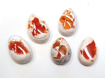 PS51 - 5 pcs. Genuine Mexican Fire Opal Teardrop Cabochons - To use with Bails and on Flat Pads! Sizes vary - Set T