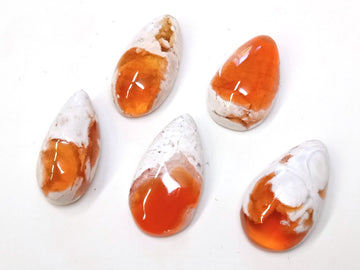 PS52 - 5 pcs. Genuine Mexican Fire Opal Teardrop Cabochons - To use with Bails and on Flat Pads! Sizes vary - Set U