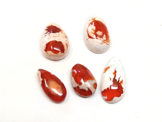 PS53 - 5 pcs. Genuine Mexican Fire Opal Teardrop Cabochons - To use with Bails and on Flat Pads! Sizes vary - Set V