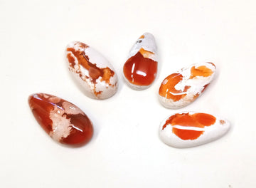 PS54 - 5 pcs. Genuine Mexican Fire Opal Teardrop Cabochons - To use with Bails and on Flat Pads! Sizes vary - Set W