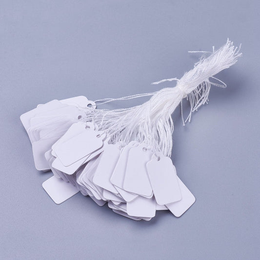 PT001 - 100 pcs. White Paper Display Price Tags - Rectangle - 23mm x 13mm (0.91" x  0.5") - String Cord Included