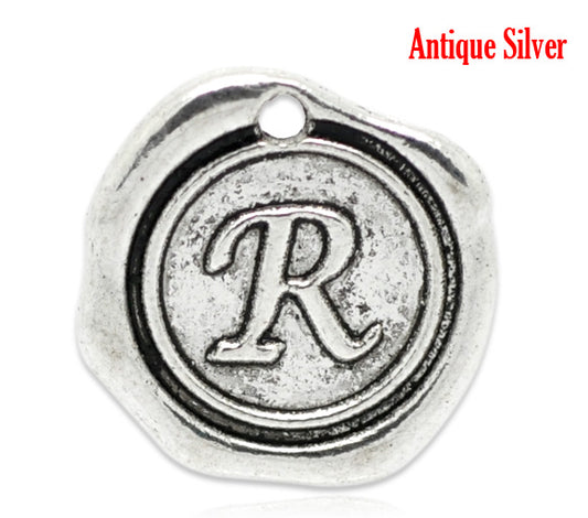 BD143 - 5 pcs. Antique Silver LARGE Letter "R" Alphabet Letter - 18mm x 18mm - Wax Design