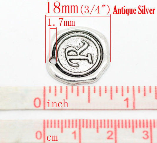 BD143 - 5 pcs. Antique Silver LARGE Letter "R" Alphabet Letter - 18mm x 18mm - Wax Design