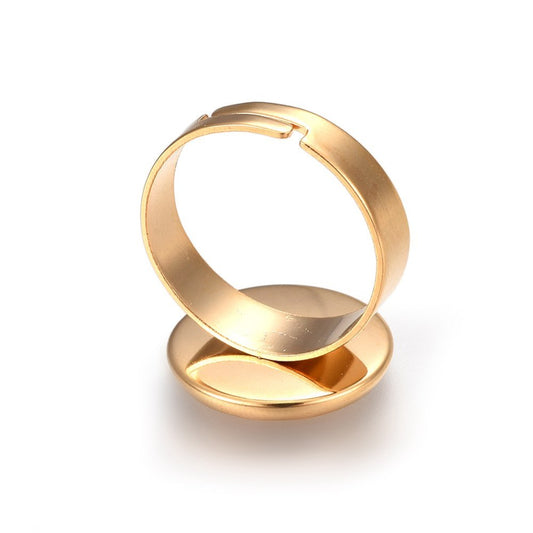 RB051 - 5 pcs. 201 Stainless Steel Golden ADJUSTABLE Cabochon Setting Bezel RING bases settings - Ring Size 7 US - Glue Pad 14mm