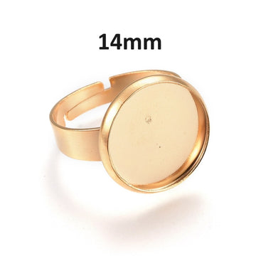 RB051 - 5 pcs. 201 Stainless Steel Golden ADJUSTABLE Cabochon Setting Bezel RING bases settings - Ring Size 7 US - Glue Pad 14mm