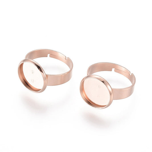 RB052 - 5 pcs. 201 Stainless Steel Rose Gold ADJUSTABLE Cabochon Setting Bezel RING bases settings - Ring Size 7 US - Glue Pad 12mm